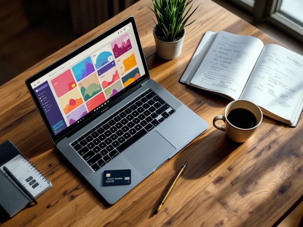 Desk overhead with payment card and laptop