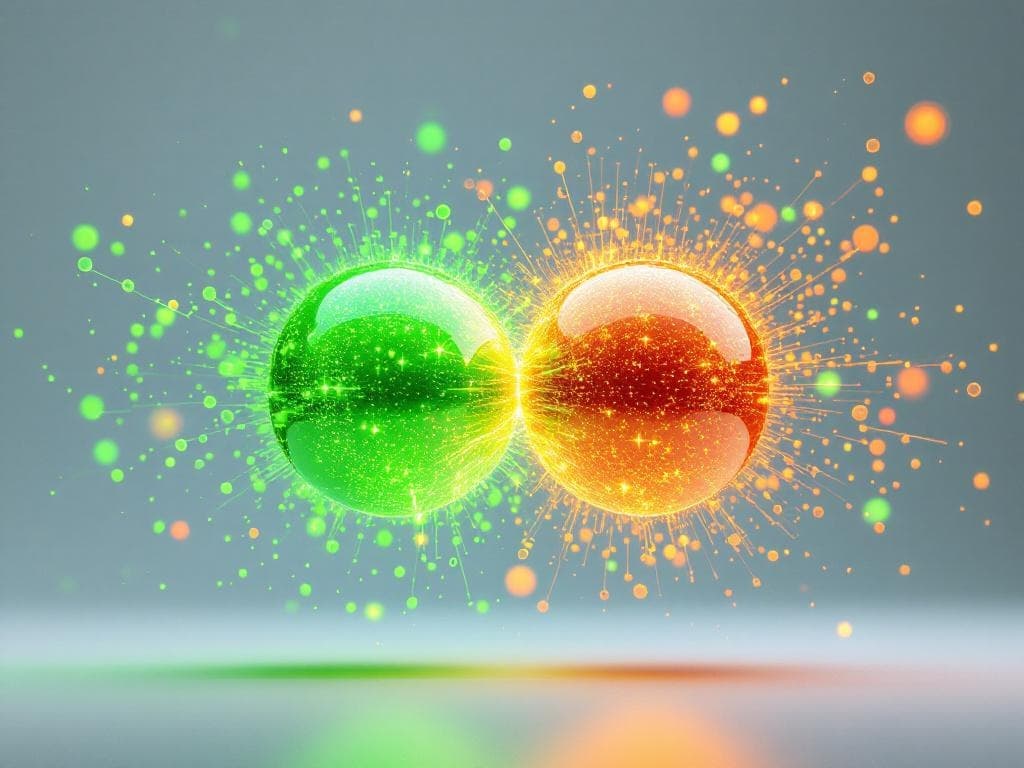 Two glowing spheres colliding in mid-air