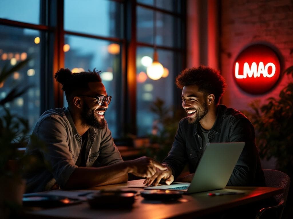 Two founders laughing in a sunset-lit co-working loft